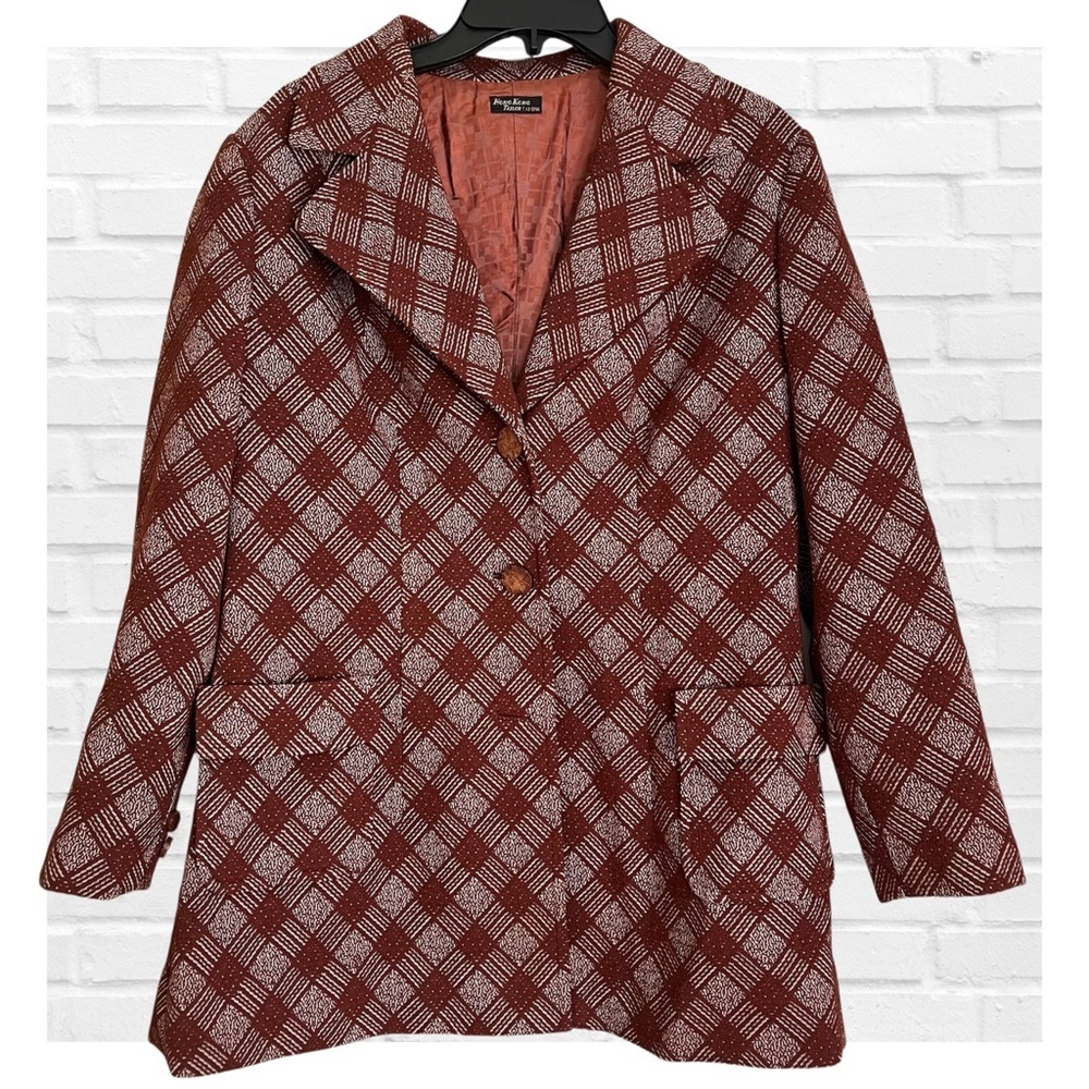 Vintage 70’s Rusty Brown and White Plaid Long Blazer Eclectic Retro Hippie Boho
